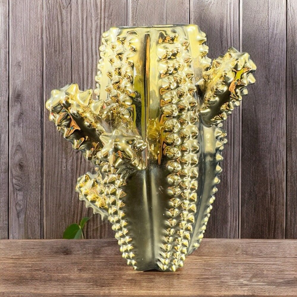 LA CASA BELLA Cactus Vase Ceramic Metallic Gold Vessel Vase Heavy‎ Houseware VTG